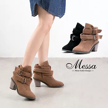 【Messa米莎專櫃女鞋】美式簡約麂皮側金屬雙扣環繞低跟短靴36咖啡色