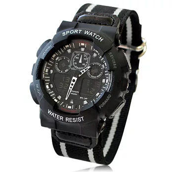 SANDA 199 中性雙顯鬧鈴電子帆布錶-黑帶黑殼