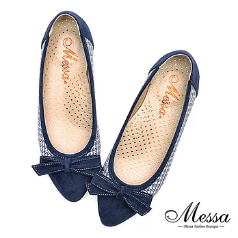 【Messa米莎專櫃女鞋】MIT親膚絨復古千鳥格內真皮低跟尖頭鞋35藍色
