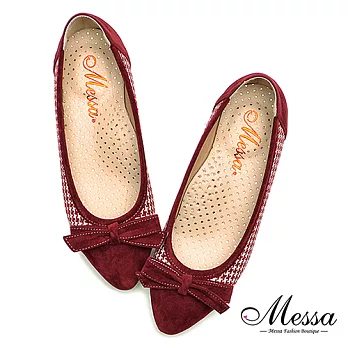 【Messa米莎專櫃女鞋】MIT親膚絨復古千鳥格內真皮低跟尖頭鞋35紅色