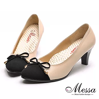 【Messa米莎專櫃女鞋】MIT好女人百搭款蝴蝶結綴飾內真皮中跟包鞋36米色