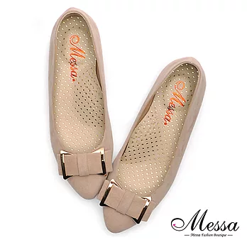 【Messa米莎專櫃女鞋】MIT優雅絨面蝴蝶結愛心內真皮小坡跟鞋35米色