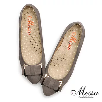 【Messa米莎專櫃女鞋】MIT優雅絨面蝴蝶結愛心內真皮小坡跟鞋35灰色