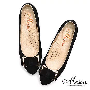 【Messa米莎專櫃女鞋】MIT優雅絨面蝴蝶結愛心內真皮小坡跟鞋37黑色