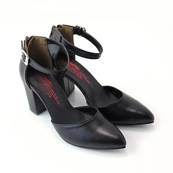 【Pretty】迷人氣質後拉鍊繫踝高跟尖頭鞋22.5黑皮