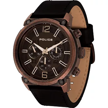 POLICE 火星後裔三眼皮帶腕錶-咖啡X黑