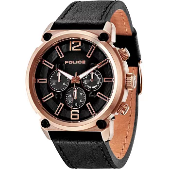 POLICE 火星後裔三眼皮帶腕錶-玫瑰金X黑