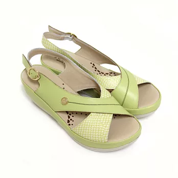 ◤Green Phoenix◥清新宣言交叉對稱蛇鱗紋金屬扣全真皮楔型涼鞋22綠色