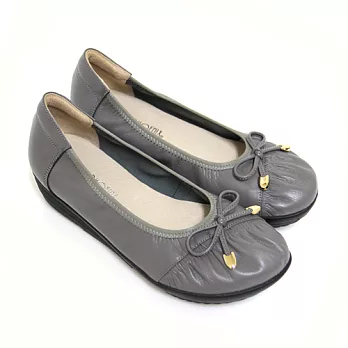 Green Phoenix典雅內斂自然抓皺綁帶蝴蝶結全真皮小坡跟束口娃娃鞋21.5灰色