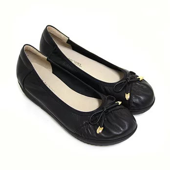 Green Phoenix典雅內斂自然抓皺綁帶蝴蝶結全真皮小坡跟束口娃娃鞋21.5黑色