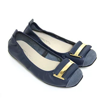 ◤Green Phoenix◥素雅迷人一字金屬異材質拼接全真皮平底娃娃鞋21.5藍色