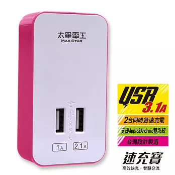 【太星電工】速充寶彩色3.1A 2USB充電器 AE325蜜桃紅