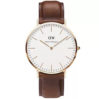 DW Daniel Wellington 棕色皮革錶帶 玫瑰金錶框/40mm0106DW