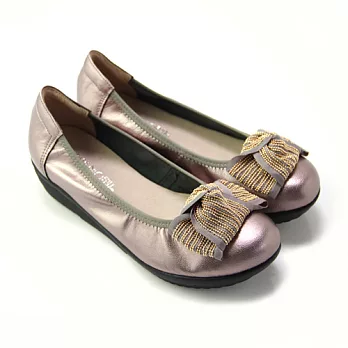 ◤Green Phoenix◥柔情主義寬版扭轉立體蝴蝶結金屬串珠全真皮小坡跟娃娃鞋21.5銀色