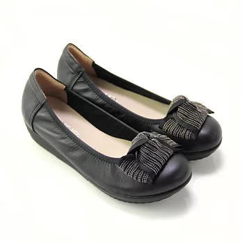 ◤Green Phoenix◥柔情主義寬版扭轉立體蝴蝶結金屬串珠全真皮小坡跟娃娃鞋21.5黑色