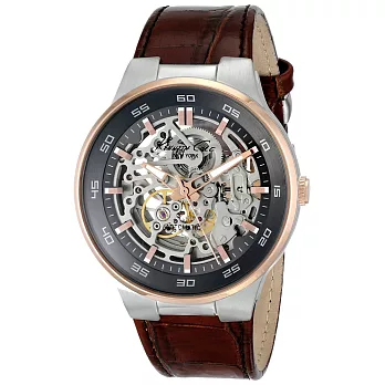 Kenneth Cole 氣勢磅礡雙面鏤空機械錶-玫瑰金框x咖啡色皮帶