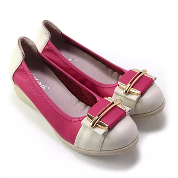 ◤Green Phoenix◥雅緻風采飽和撞色金屬H裝飾束口全真皮小坡跟娃娃鞋34桃紅色