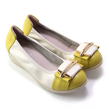 ◤Green Phoenix◥雅緻風采飽和撞色金屬H裝飾束口全真皮小坡跟娃娃鞋37米色