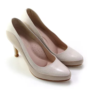 ◤Green Phoenix◥典雅柔美極簡素面漸層皮革壓花紋全真皮尖頭高跟鞋4卡其色