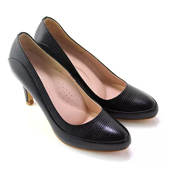 ◤Green Phoenix◥典雅柔美極簡素面漸層皮革壓花紋全真皮尖頭高跟鞋4黑色