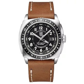 LUMINOX 雷明時P-38閃電式戰機 兩地時間紀念腕錶-黑x棕錶帶/44mm