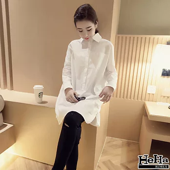 襯衫 翻領單排釦長版長袖襯衫 白色-HeHa-FREE*