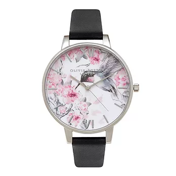 Olivia Burton 英倫復古精品手錶 浮世繪花鳥 黑色真皮錶帶 銀色錶框 38mm
