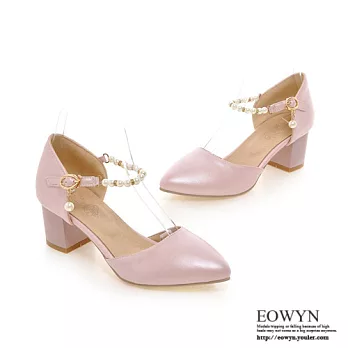 EOWYN.奢華珍珠釦環尖頭中空粗跟涼鞋EMD04288-59/3色/34-39碼現貨+預購34粉色