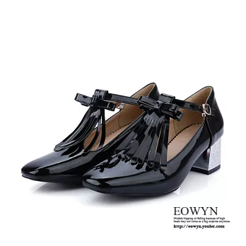 EOWYN.時尚流蘇蝴蝶結釦環水晶跟粗跟包鞋EMD04254-78/3色/34-39碼現貨+預購34黑色