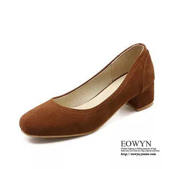 EOWYN.韓版時尚簡約方頭粗跟中跟包鞋EMD04209-59/6色/34-39碼現貨+預購34棕色