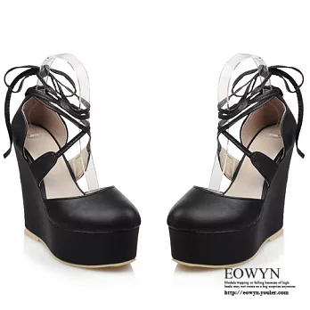 EOWYN．歐美新款圓頭系帶坡跟羅馬楔型鞋EMD04210-59/3色/34-39碼現貨+預購34黑色