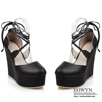 EOWYN.歐美新款圓頭系帶坡跟羅馬楔型鞋EMD04210-59/3色/34-39碼現貨+預購34黑色