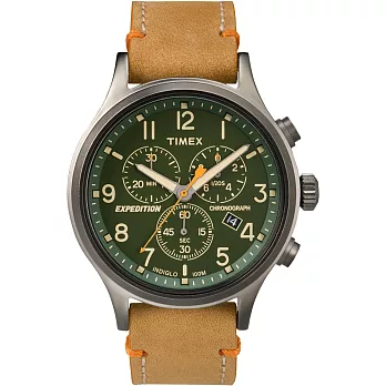 TIMEX 精準轉動三眼計時腕錶-綠x卡奇皮帶