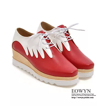 EOWYN．休闲系带方头拼色厚底松糕鞋/包鞋EMD04143-70/2色/34-39码现货+预购34紅色