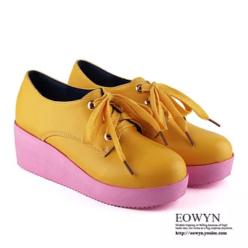 EOWYN．松糕鞋圓頭系帶休閒厚底包鞋EMD04145-74/3色/34-39碼現貨+預購34黃色