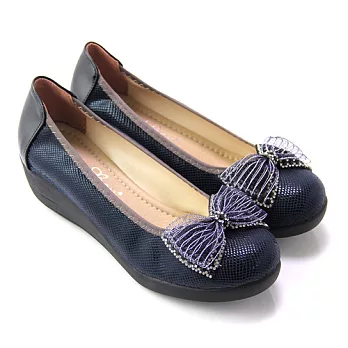 【Pretty】典雅朵結緞帶楔型厚底包鞋23藍色