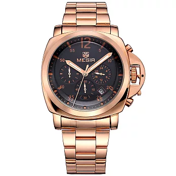 MEGIR 美格爾3006真三眼日曆多功能計時凸面金屬男錶- 玫殼黑面