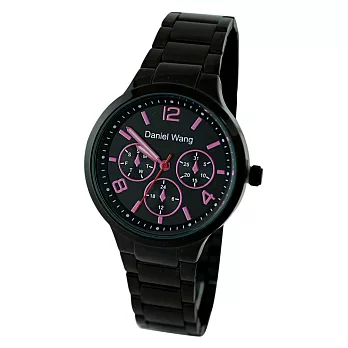 Daniel Wang 3133 都會時尚仿三眼石英金屬中性錶-黑框紫字黑眼