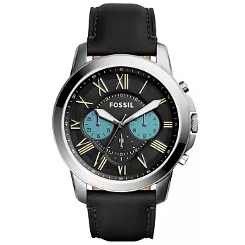 FOSSIL 古典伯爵三環計時腕錶-灰藍x銀框x灰皮帶