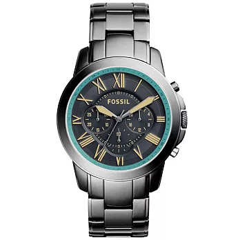FOSSIL 古典伯爵三環計時腕錶-灰藍x銀框x不鏽鋼帶