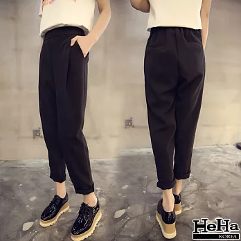 長褲 寬鬆鬆緊腰口袋西裝哈倫褲 二色-HeHa-M(黑色)
