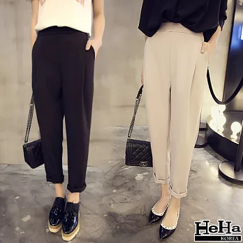 長褲 寬鬆鬆緊腰口袋西裝哈倫褲 二色-HeHa-M(杏色)