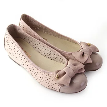 ◤Green Phoenix◥典雅春氛緞面蝴蝶結雷射雕花異材質拼接全真皮小坡跟娃娃鞋6芋色