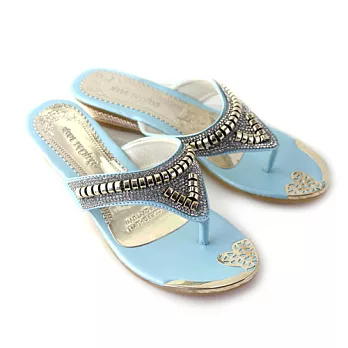 【Pretty】異國風情璀璨鑽飾楔型夾腳拖鞋36藍色