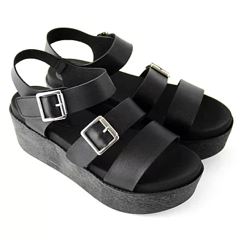【Pretty】率性釦鐶寬帶沾黏式厚底涼鞋23.5黑色