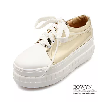 EOWYN.潮流新款圓頭系帶拼色休閒厚底平底包鞋EMD04347-71/4色/34-39碼現貨+預購34金色