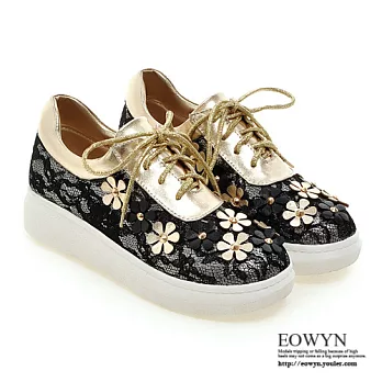 EOWYN.韓版百搭圓頭系帶花朵休閒平底包鞋EMD04353-69/2色/34-39碼現貨+預購34金色