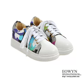 EOWYN.甜美印花迷彩圓頭系帶休閒平底包鞋EMD04357-67/2色/34-39碼現貨+預購34銀色
