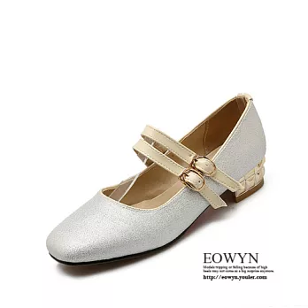 EOWYN．歐美風方頭雙釦環粗跟低跟包鞋EMD04361-67/4色/34-39碼現貨+預購34銀色