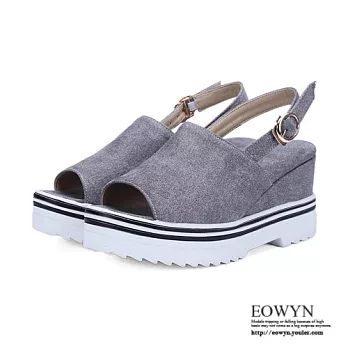 EOWYN.時尚新款女鞋圓頭魚嘴厚底坡跟涼鞋EMD04371-68/2色/34-39碼現貨+預購34灰色